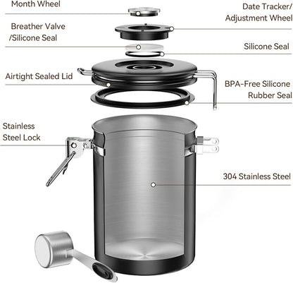 Coffee Canister, Stainless Steel Coffee Bean Storage Container with Date Tracker and Scoop, Kitchen Food Container for Grounds Coffee, Beans, Tea, Flour, Cereal, Sugar, 22OZ (1800ML | Black)