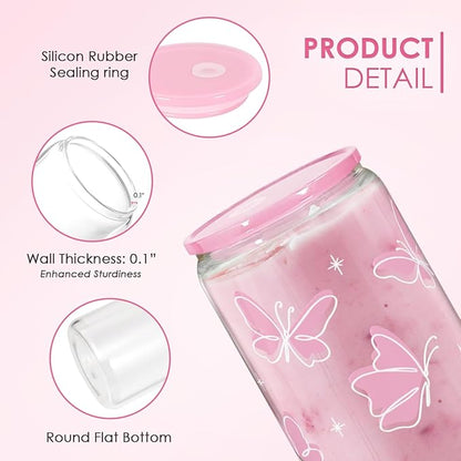 Butterfly 16 Oz Can Glass Tumbler with Acrylic Lid and Straw - Iced Coffee Cups for Women, Aesthetic Glass Cup Gift for Birthday Christmas