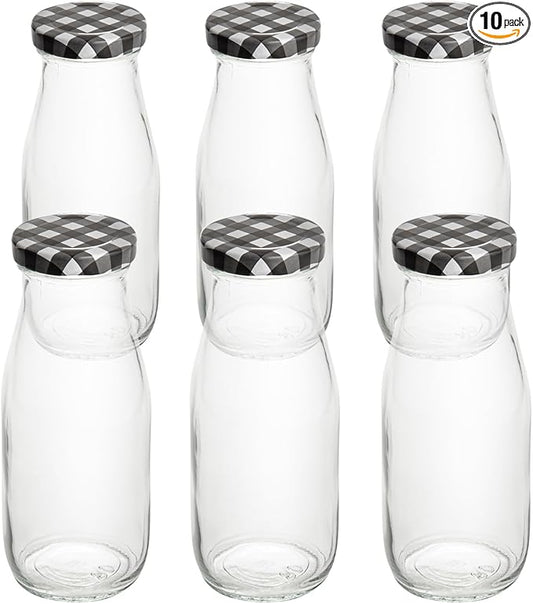 Restaurantware French Countryside 11 Ounce Glass Bottles 10 Durable Juice Bottles - With Black Plaid Lid Dishwashable Clear Glass Countryside Bottles For Hot And Cold Beverages
