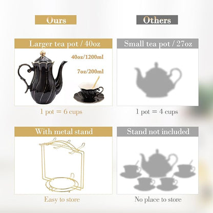 DUJUST 22 pcs Porcelain Tea Set for 6, Luxury British Style Tea/Coffee Cup Set with Golden Trim, Beautiful Tea Set for Women, Tea Party Set, Gift Package (Including a Stand) - Black