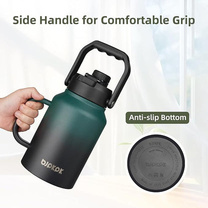 BJPKPK 64oz Insulated Water Bottle with Handle, Large Dishwasher Safe Half Gallon Water Bottle, BPA Free Water Jug, Wide Mouth Metal Water Bottle with Anti-slip Bottom, Keep Cold & Hot, Blue & Black
