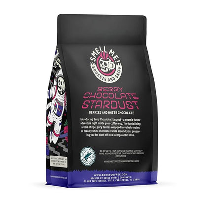Bones Coffee Company Berry Chocolate Stardust, Berries and White Chocolate Flavored Coffee, Medium Roast Low Acid Arabica Beans For Auto drip and French Press Coffee Maker, 12 Oz Ground