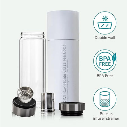 COMI Tea Bottle with Infuser,Double-Wall Glass Travel Mug with One Click Open Lid, Leak Proof Tea Infuser Bottle for Loose Leaf, Fruit & Flower Infused Drinks, Heat & Cold Resistant, Tea Gift Set