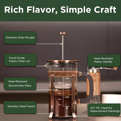High - Quality 21 Ounce / 600ML French Press - Stainless Steel & Heatproof Glass, 4 - Filter Design - Make Cold Brew, Espresso, Coffee & Tea with Ease