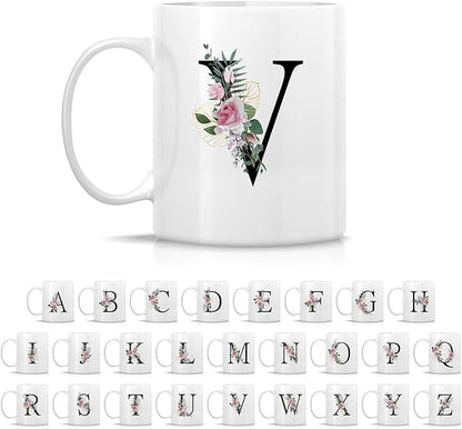 Retreez Initial A-Z Floral Botanical Bouquet Alphabet Monogrammed Monogram Mug 11 Oz Ceramic Tea Coffee Mugs - Appreciation Thank You Wedding Birthday Gifts for her friend coworker sister - V Initial