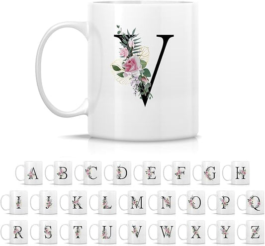 Retreez Initial A-Z Floral Botanical Bouquet Alphabet Monogrammed Monogram Mug 11 Oz Ceramic Tea Coffee Mugs - Appreciation Thank You Wedding Birthday Gifts for her friend coworker sister - V Initial
