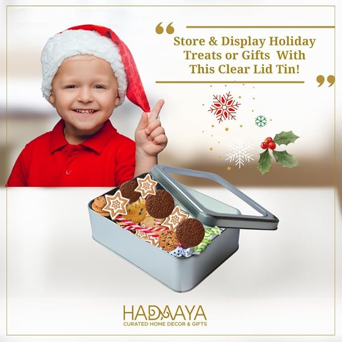 Pack of 12 Silver Rectangular Tin Container With Clear Lid, Multipurpose Tin Box, Festive Tin Box for Gift Giving, Cookies, Stationery & More - 7.25 x 5.25 x 2.25 Inches