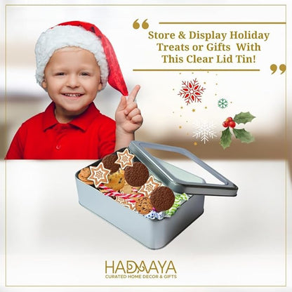Pack of 2 Silver Rectangular Tin Container With Clear Lid, Multipurpose Tin Box, Festive Tin Box for Gift Giving, Cookies, Stationery & More - 7.25 x 5.25 x 2.25 Inches