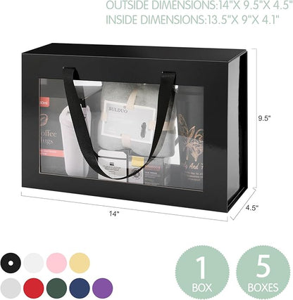 JINGUAN Large Black Clear Gift Boxes, 13.5x9x4.1 Inches, 5 Pack with Windows by Handles, Magnetic Closure, Suitable for Any Occasion