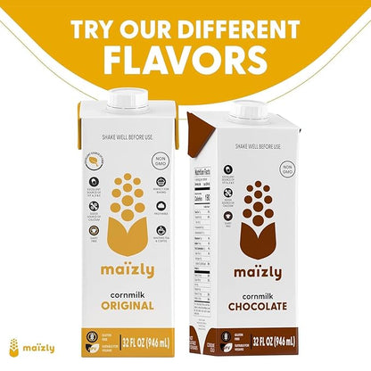 Maizly Original Corn Milk, Plant-Based Drink Made with Non-GMO Ingredients, Less Sugar, Gluten & Dairy-Free Alternative to Whole Milk, Non-Dairy Kosher Drink For Kids & Adults, 32 oz, Shelf Stable Pack of 6 Boxes