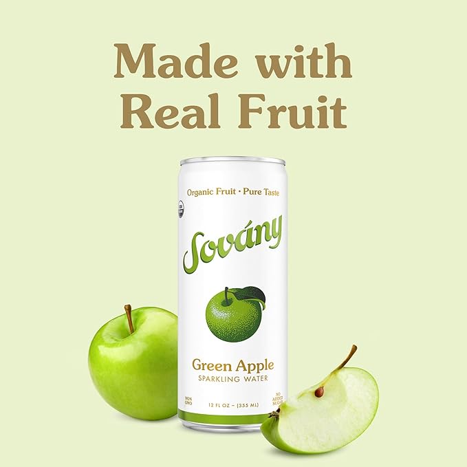 Sovány Flavored Sparkling Water, Variety Pack, Seltzer Water Drinks, USDA Organic, Made With Real Fruit, Non-GMO, Vegan, No Added Sugar, Low Calorie, Tangerine, Raspberry & Green Apple, 12 fl oz, 12 Pack