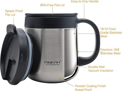 16OZ Stainless Steel Insulated Coffee Mug with Handle and Lid, Double Wall Vacuum Coffee Tumbler Thermal Cup with 2 Lids