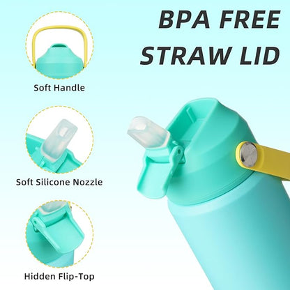 BJPKPK Insulated Water Bottle with Straw Lid, 18oz Thermos Water Bottles, Flex Handle & Non-slip Boot, BPA Free Leak Proof Stainless Steel Metal Thermos, Tumblers, Cups,Twilight Blue