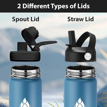 SENDESTAR Water Bottle 24oz Double Wall Vacuum Insulated Leak Proof Stainless Steel Sports Water Bottle—Wide Mouth with New Flex Straw Lid & Spout Lid (Deep Blue&Black)