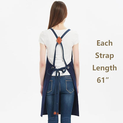 AFUN Chef Aprons for Women Men with Large Pockets, Cotton Canvas Cross Back Water Repellent Work Apron, Size M to XXL (Darkblue)