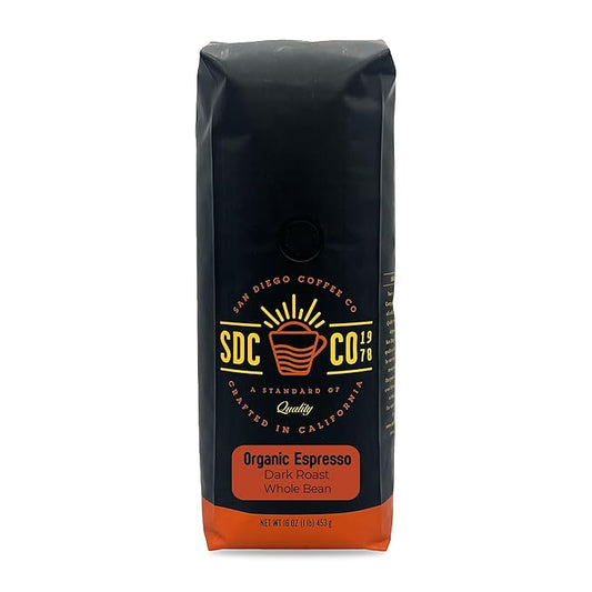 San Diego Coffee Organic Espresso, Dark Roast, Whole Bean Coffee, 16-Ounce Bag Café en grano tostado