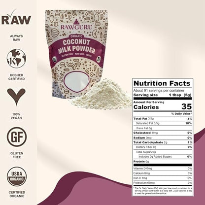 RawGuru Organic Coconut Milk Powder - Vegan & Nutrient-Dense Powder with Iron & Potassium - Rich & Creamy Organic Milk for Drinking or Baking - 16 oz, Pack of 1