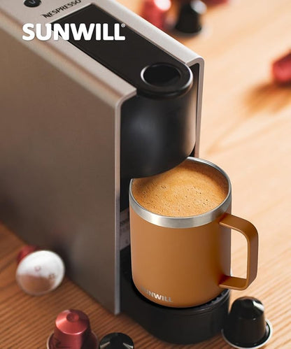 SUNWILL Insulated Coffee Mug with Lid, Travel Tumbler with Handle, 14 oz Stainless Steel Cup for Camping, Office, Home, Powder Coated Caramel