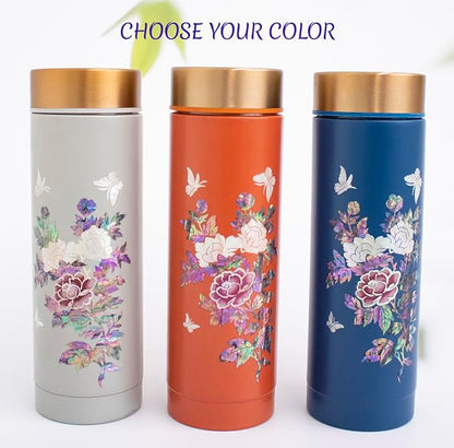 Mother of Pearl Design Stainless Steel Water Bottle 10.1 oz Leakproof Screw Cap Wide Mouth Double Wall Vacuum Insulated Travel Sport Water Flask Thermo Mug (Peony Blue)