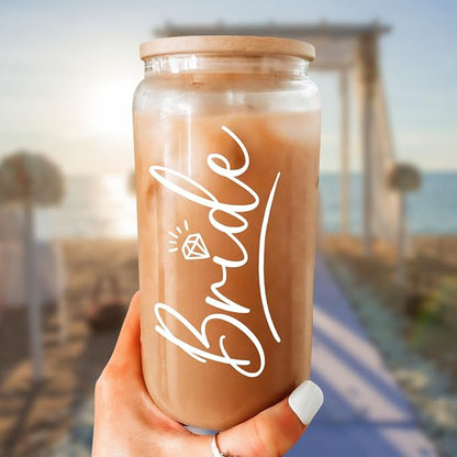 SANDJEST Bride Glass Coffee Cup 16 Oz with Bamboo Lid and Straw - Bridal Shower Gift - Engagement Gifts for Women - Bride Gifts