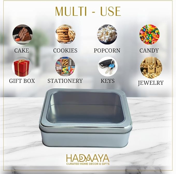 Pack of 6 Silver Rectangular Tin Container With Clear Lid, Multipurpose Tin Box, Festive Tin Box for Gift Giving, Cookies, Stationery & More - 7.25 x 5.25 x 2.25 Inches