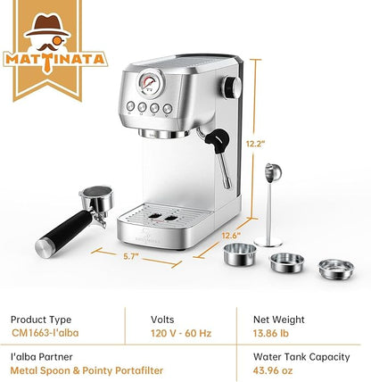 Espresso Machine 20 Bar, Espresso Coffee Maker with Professional Milk Frother Steam Wand for Cappuccino & Latte, 49oz Removable Water Tank for Home, Stainless Steel