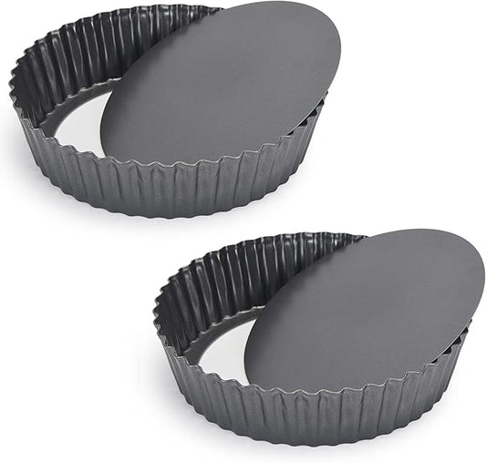 2 Pack Nonstick Tart Pan, Quiche Pan, Carbon Steel Deep-dish Pie Pan with Removable Loose Bottom (11 In)