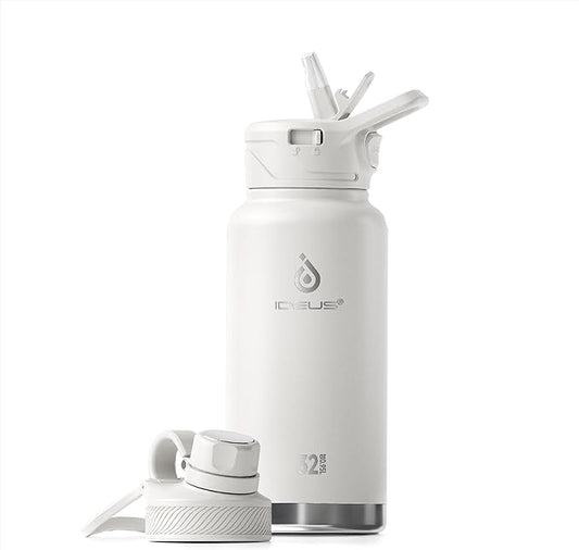 IDEUS Insulated Stainless Steel Water Bottle with 2 Leak-Proof Lids, Thermal Water Flask for Hiking Biking, 32oz, White
