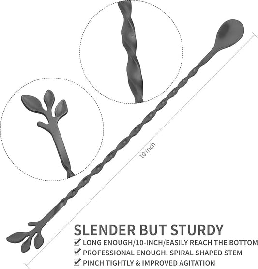 AnSaw Black 10-Inch Stainless Steel Cocktail Spoon with Leaf Handle - Perfect for Mixing & Layering Drinks in Tall Cups, Bar & Shakers - Durable Long Handle Bar Stirrer,1-Pieces