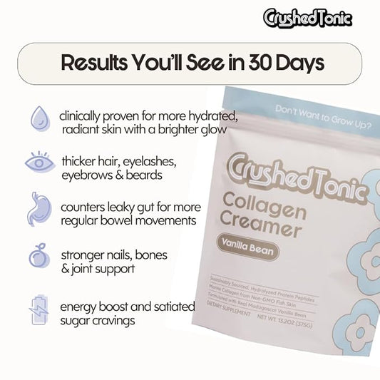 Crushed Tonic Vanilla Bean Collagen Creamer - Hydrolyzed for Skin, Hair & Health - Hair & Nail Care - Clinically Proven - Halal & Kosher Protein Peptides - Coffee Creamer, Matcha, Tea - Korean Beauty