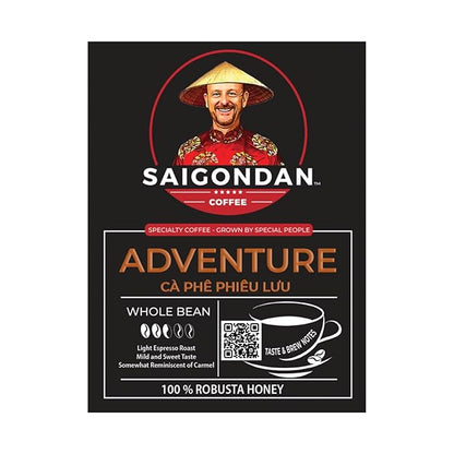 Robusta Whole Bean Coffee - Saigondan Adventure | Light Espresso Roast | 100% Robusta | Vietnamese Coffee | Roasted in Small Batch | Smooth & Naturally Sweet | Direct Trade | No Preservatives | 12 Oz