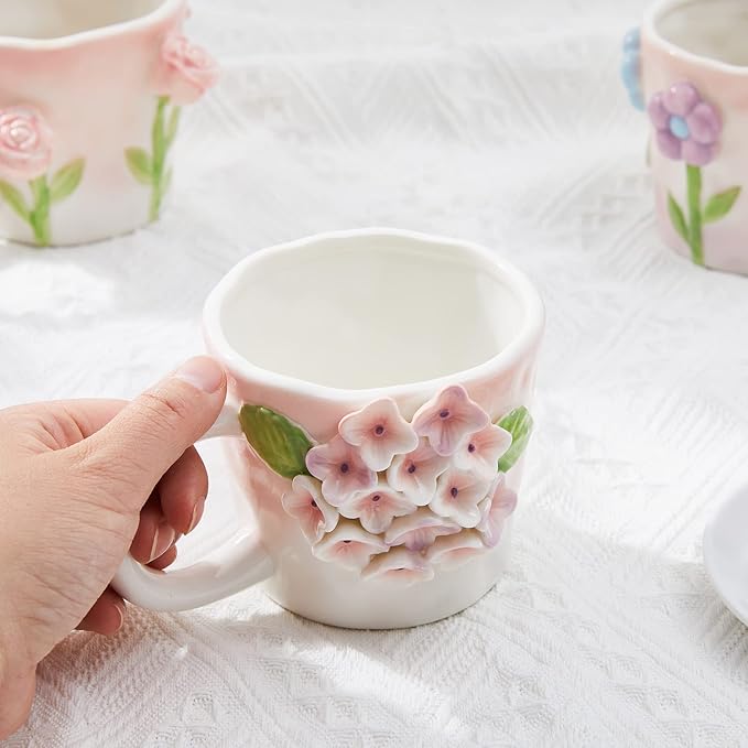 3D Flower Coffee Mug Blue Hydrangea Ceramic Cup,12 oz Cute Handmade Mugs,Christmas Birthday Surprise for Friends Family or Flower Lovers (Blue hydrangea)