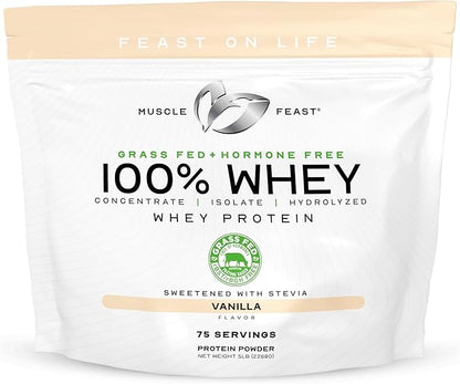 Muscle Feast 100% Grass Fed Whey Protein Powder, All Natural, Hormone Free Paure Raised Whey Protein Powder for Women & Men - Whey Concentrate, Isolate & Hydrolyzed Protein Powder Blend - Vanilla, 5lb
