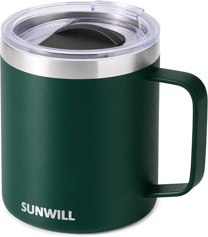 SUNWILL Travel Coffee Mug with Lid, Insulated Cup with Handle, 14 oz Stainless Steel Tumbler for Camping, Office, Outdoor, Powder Coated Forest Green