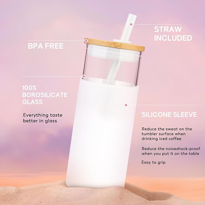 Tronco 20 oz Glass Tumbler with Lid & Straw - Iced Coffee Cup & Smoothie Cup With Silicone Sleeve | BPA-Free, Dishwasher Safe | Reusable Glass Cups with Bamboo Lids and Straws (Yellow 1 Count)