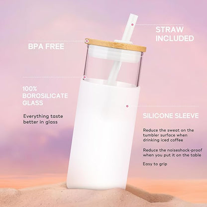 Tronco 20 oz Glass Tumbler with Lid & Straw - Iced Coffee Cup & Smoothie Cup With Silicone Sleeve | BPA-Free, Dishwasher Safe | Reusable Glass Cups with Bamboo Lids and Straws (Watermelon, 1 Count)