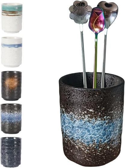 Stoneware Coffee Bar Utensil Holder Tea & Coffee Spoon & Stirrer Holder for Stir Stick Straw Teaspoon Holder Spoon Cup Small Utensil Jar (Sea Water)