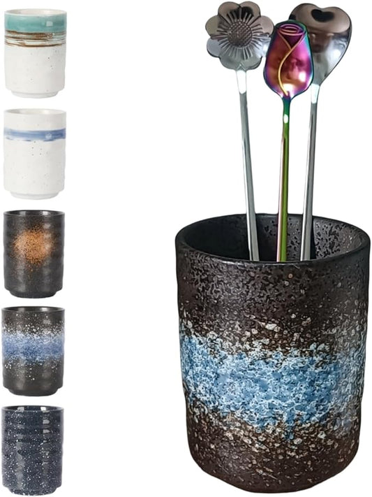 Stoneware Coffee Bar Utensil Holder Tea & Coffee Spoon & Stirrer Holder for Stir Stick Straw Teaspoon Holder Spoon Cup Small Utensil Jar (Sea Water)