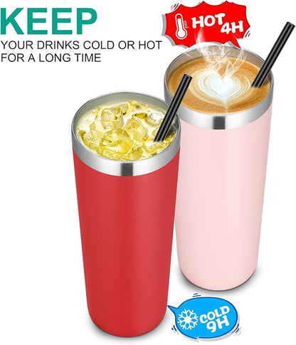 VEGOND 20 oz Stainless Steel Skinny Tumbler with Lids and Straws, 20oz Vacuum Insulated Slim Tumbler Cup, Double Wall Travel Tumblers Bulk for Cold Hot Drinks, Red 12 Pack