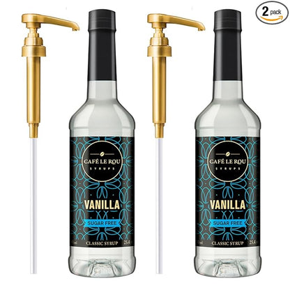 "NEW" Café Le Rou Coffee Syrup Sugar Free Vanilla, 25.4oz (Pack of 2)*Includes 2 Coffee Syrup Pumps* Cafe Coffee Flavoring Syrup for Coffee, Tea, and Espresso