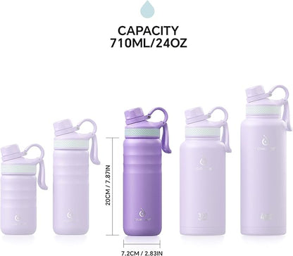 IDEUS Insulated Stainless Steel Water Bottle with 2 Leak-Proof Lids, Thermal Water Flask for Hiking Biking, 24oz, Violet