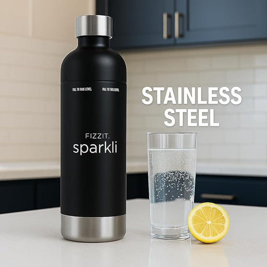 Stainless Steel Black Sparkling Water and Soda Maker Machine with 3 Black Stainless Steel 1L Re-Usable Bottle
