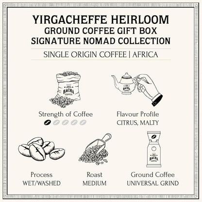 Bacha Coffee | Yirgacheffe Heirloom Single Origin Signature Nomad Collection, 100% Arabica Specialty Coffee, Ground Beans, Medium Roast, 250g