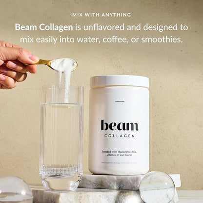 Beam Collagen Powder, Collagen for Women, Collagen with Hyaluronic Acid, Collagen Peptides Type 1 and 3, with Biotin, Grass Fed Bovine, Third-Party Tested, Best for Coffee, Vitamin C, 15 Servings