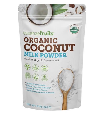 Essenzefruits Pure Organic Coconut Milk Powder - Premium Maltodextrin Free, No Sugar Added, Dairy Free, USDA Organic, Vegan, Keto & Paleo Friendly, No Additives, Pre Biotic Fibers, 27 Servings - 8 Oz