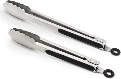 304 Stainless Steel Kitchen Cooking Tongs, 9" and 12" Set of 2 Sturdy Grilling Barbeque Brushed Locking Food Tongs with Ergonomic Grip, Black