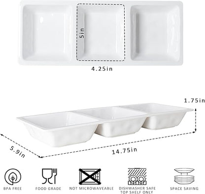 Divided Serving Tray, 14.75”x 6” Reusable 3-Section Party Platters, Condiment Serving Dishes for Entertaining, Ideal for Snacks, Appetizers, Fruit, Candy, Chip & Dip Set,White