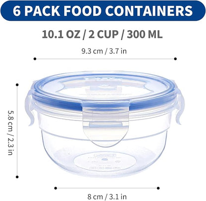KIGI 6 PACK 10oz Plastic Round Bowls with Lid Airtight Food Storage Container Set Small Meal Prep Containers Bento Box
