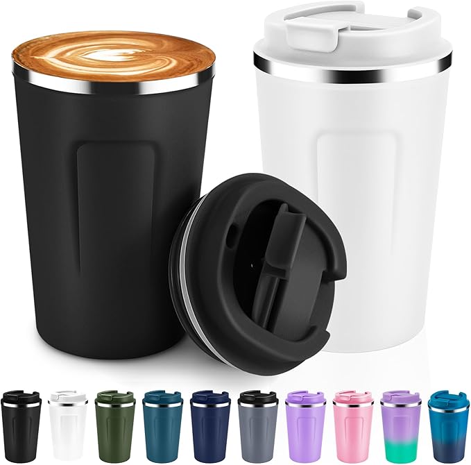 Volhoply 12 oz Double Wall Insulated Vacuum Travel Coffee Mugs with Flip Lid Bulk 2 Pack,Reusable Stainless Steel Leak Proof Coffee Cup,Portable Thermal Tumbler for Cold & Hot Drinks(Assorted,2 Set)