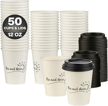 Smygoods Disposable Coffee Cups with Lids, To Go Paper Hot Cups, Rise and Shine Design (12 OZ, 50 Count) For Hot Beverages, Coffee, Tea, Espresso, Cocoa - Vasos Para Cafe
